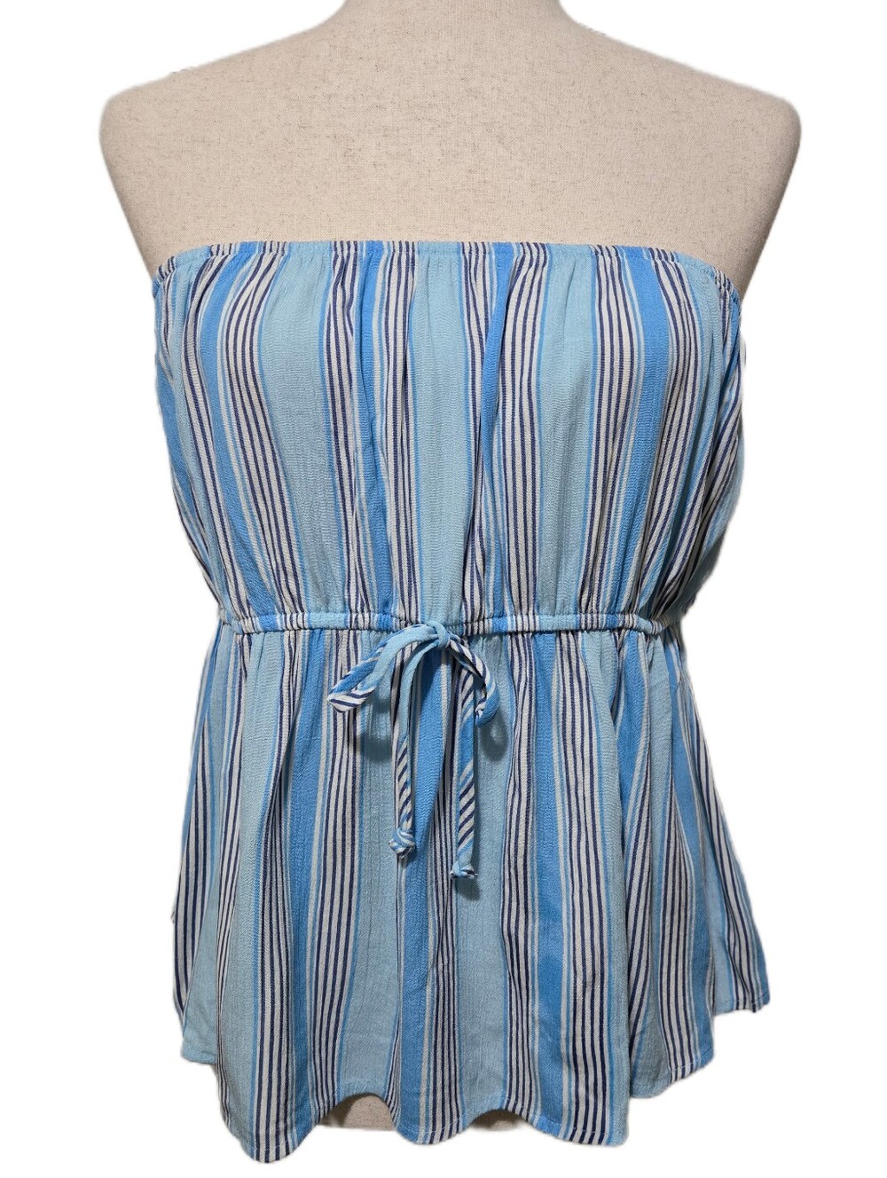 No Boundaries Blue Striped Tube Top Strapless Boho Peplum Tie Waist Size Large